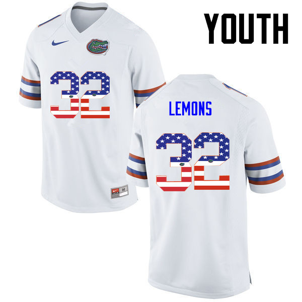 Youth Florida Gators #32 Adarius Lemons College Football USA Flag Fashion Jerseys-White